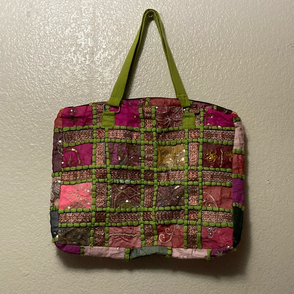 Patchwork Tote Bag - Pink and Green Boho Beach Lagan Purse